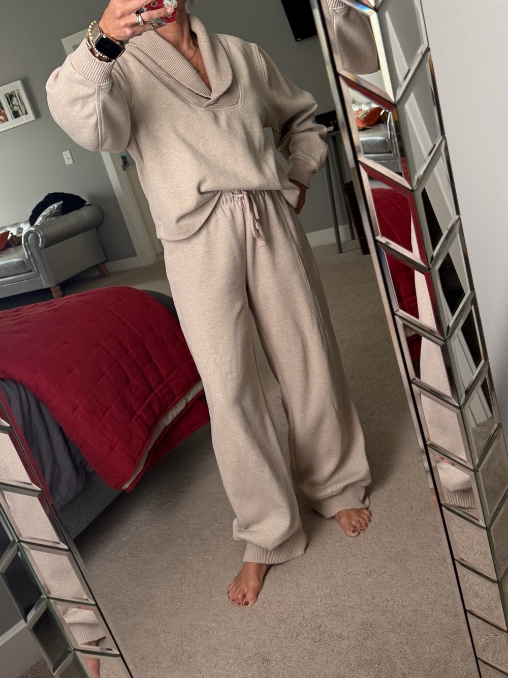 Zara Cozy Cream Knit Loungewear Set - Sweater & Drawstring Pants